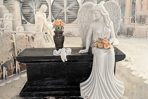 Black Marble Angel Headstone Cemetery Memorial Supplier MOKK-985